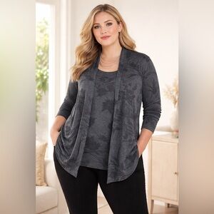 NWT $160 Coldwater Creek 3X Charcoal Floral Cardigan With Built In Tank